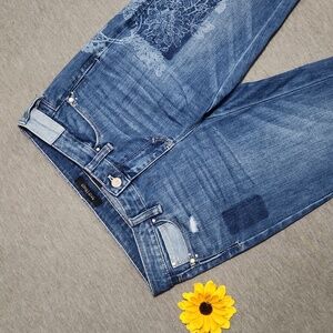 White House Black Market Patchwork Denim Floral Mid Rise Girlfriend Blue Jeans
